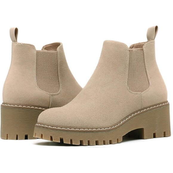 Womens Nude Faux Leather Low Wedge Heel Slip On Chunky Platform Ankle Boots - Picture 6 of 8